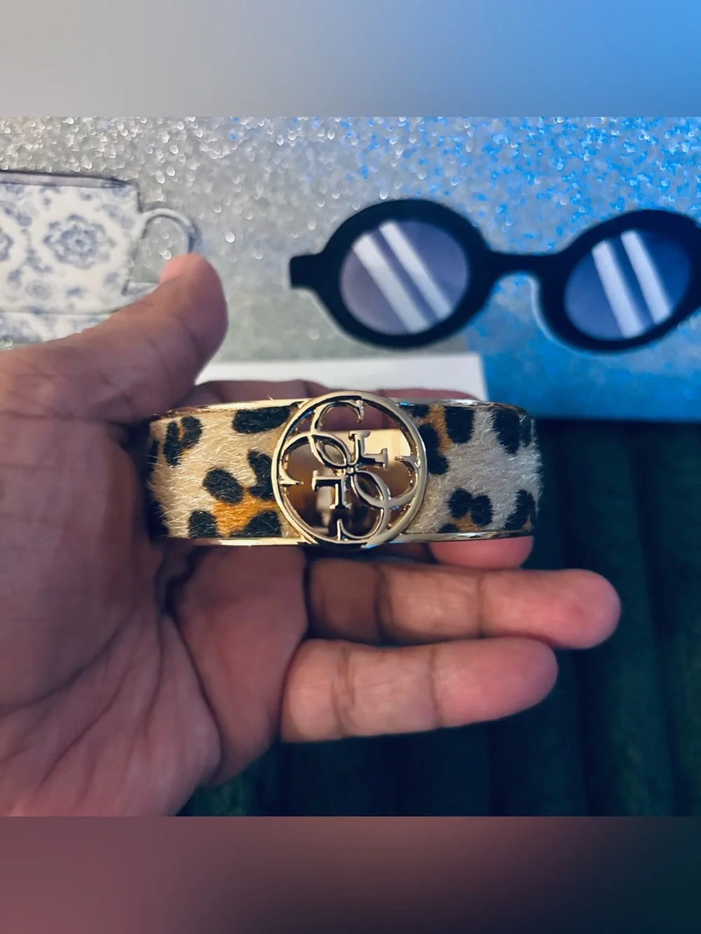Guess Leopard Print Logo Cuff Bracelet in Gold